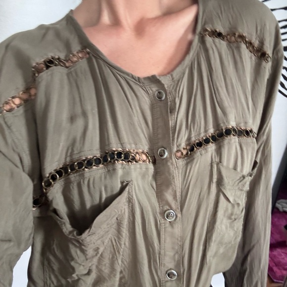 Free People Khaki Button-Down Shirt with Cutout Details - Picture 2 of 6